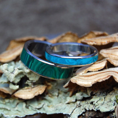 Golden Promise / Only Light Can Drive Out Darkness | Malachite & Chrysocolla Wedding Band Set - Minter and Richter Designs