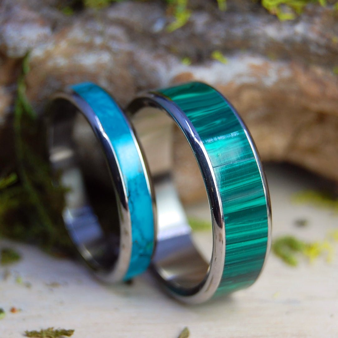 Golden Promise / Only Light Can Drive Out Darkness | Malachite & Chrysocolla Wedding Band Set - Minter and Richter Designs