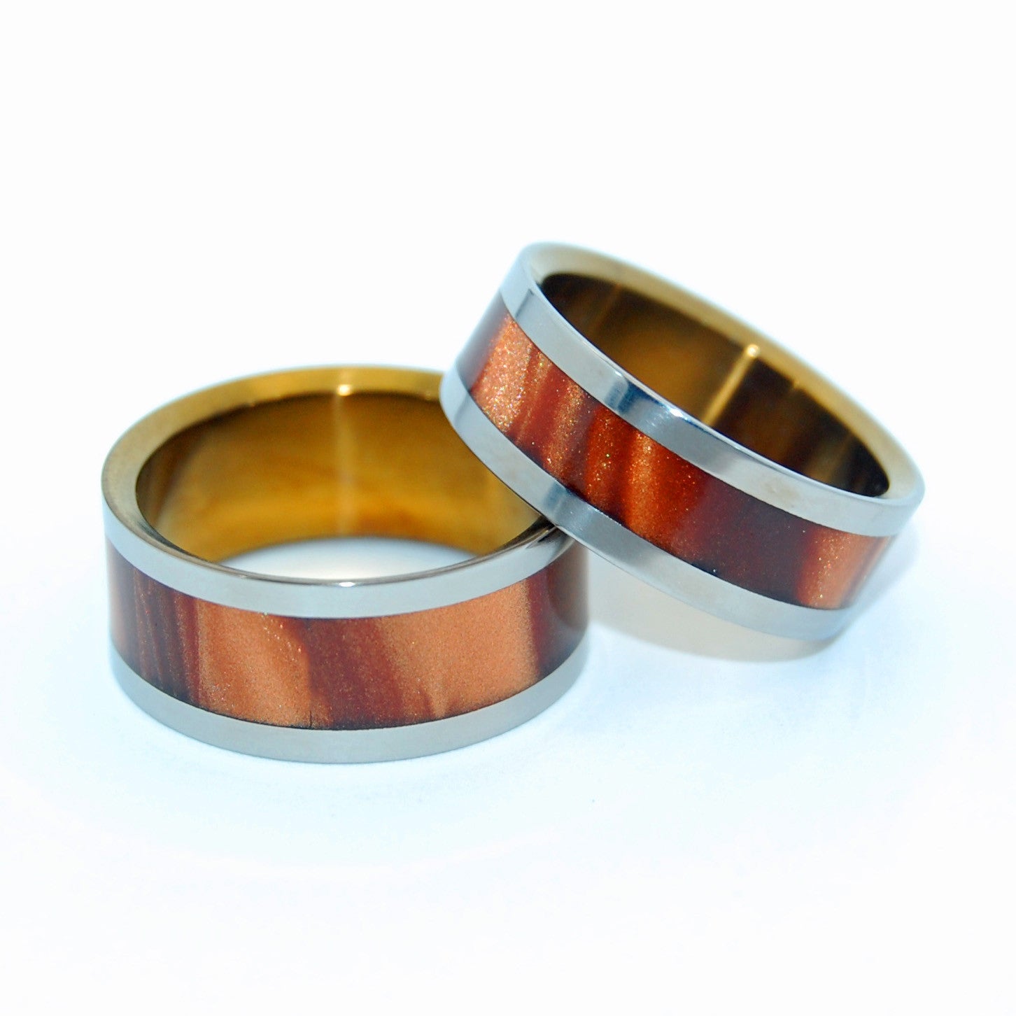 Golden Stair | Bronze Opalescent Resin & Hand Anodized Titanium Wedding Ring Set - Minter and Richter Designs