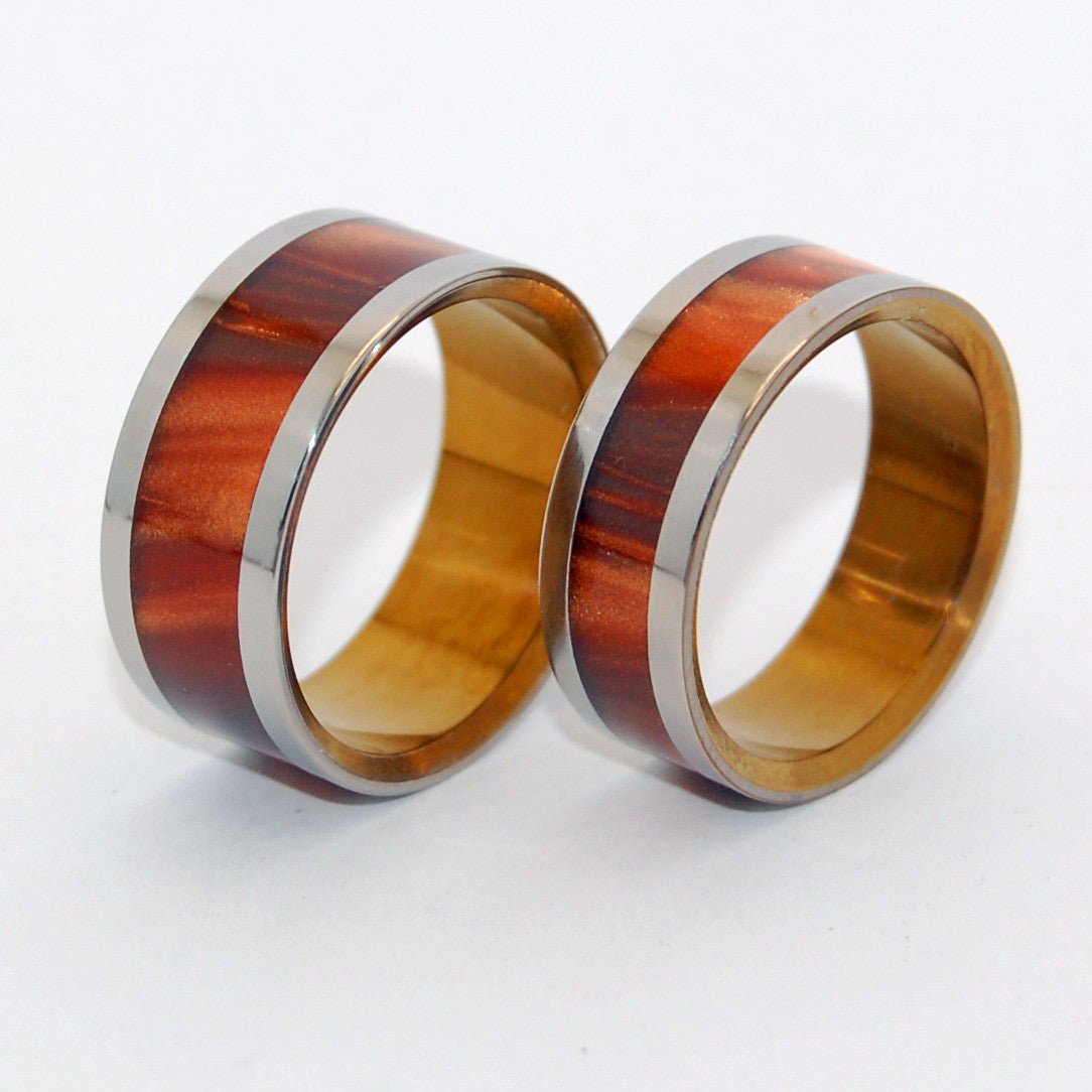 Golden Stair | Bronze Opalescent Resin & Hand Anodized Titanium Wedding Ring Set - Minter and Richter Designs