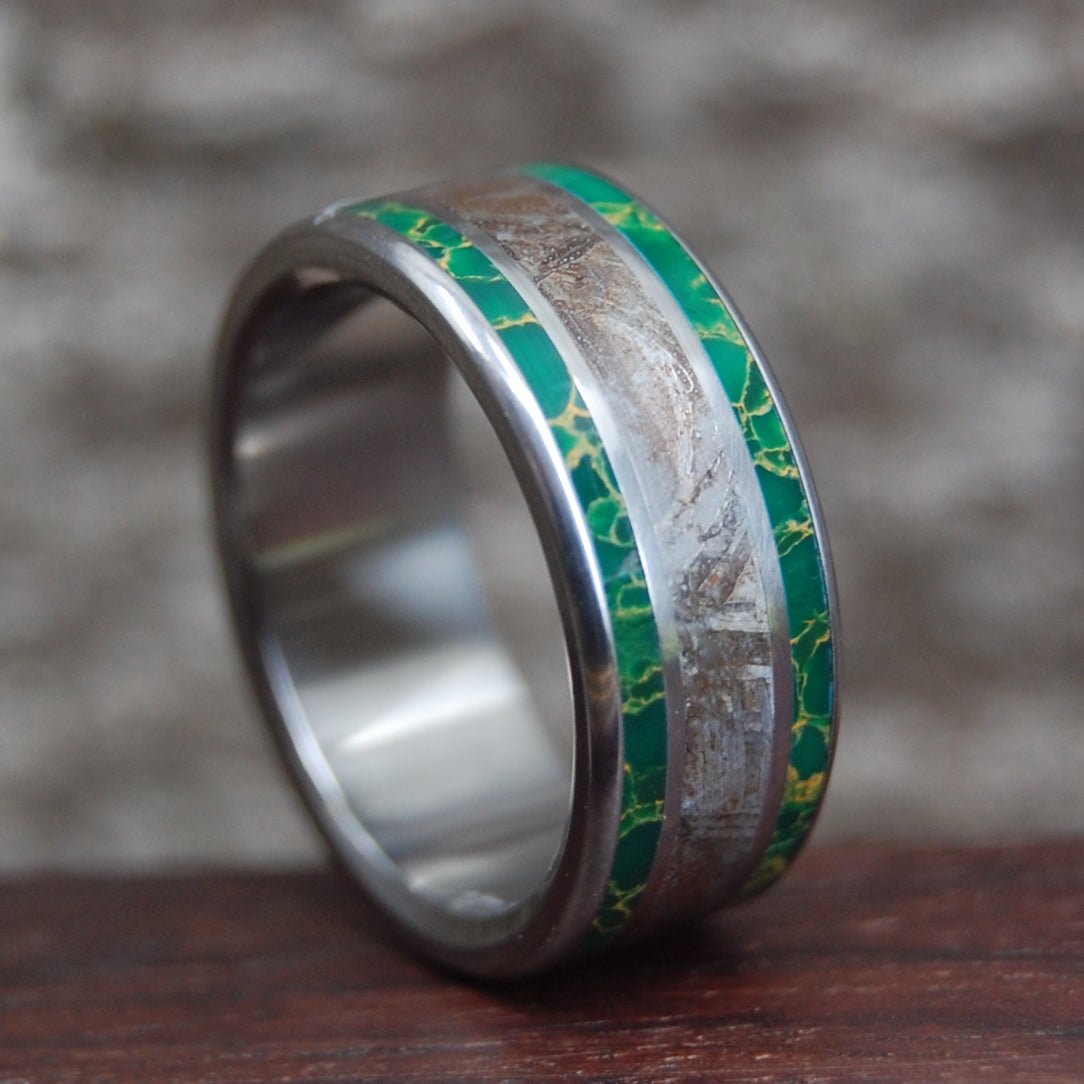 Golden Star Trail | Men's Meteorite, Gold Webbed Jade & Titanium Wedding Ring - Minter and Richter Designs