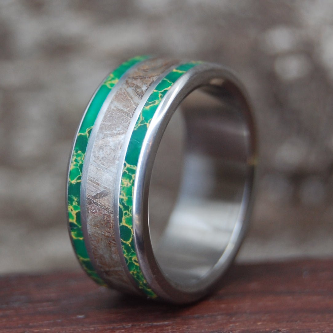 Golden Star Trail | Men's Meteorite, Gold Webbed Jade & Titanium Wedding Ring - Minter and Richter Designs