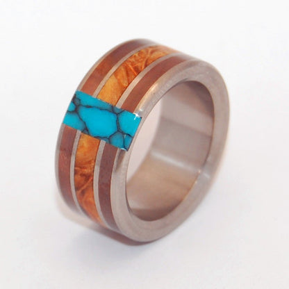 Good Man | Men's Golden Box Elder Wood, Copper & Turquoise Titanium Wedding Ring - Minter and Richter Designs