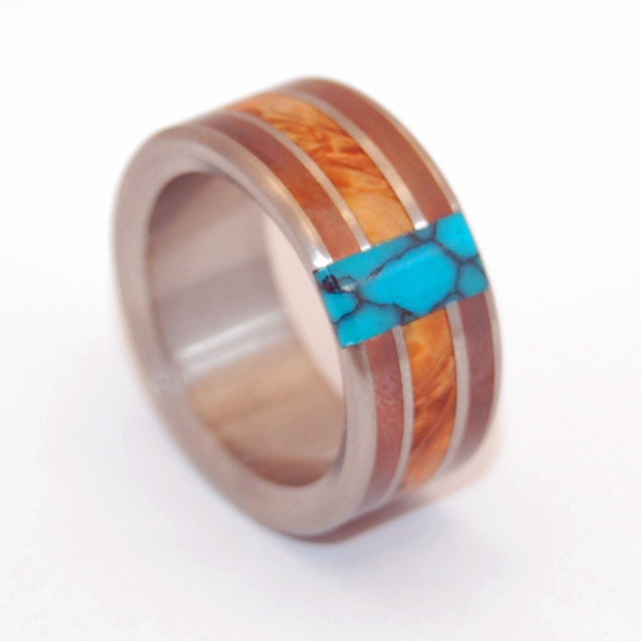 Good Man | Men's Golden Box Elder Wood, Copper & Turquoise Titanium Wedding Ring - Minter and Richter Designs