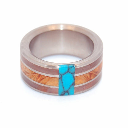 Good Man | Men's Golden Box Elder Wood, Copper & Turquoise Titanium Wedding Ring - Minter and Richter Designs