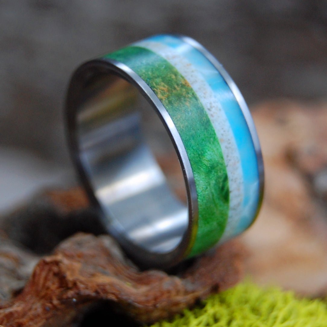 Grass Beach Ocean Sky | Men's Beach Sand, Larimar Stone, Green Box Elder Wood & Titanium Wedding Ring - Minter and Richter Designs