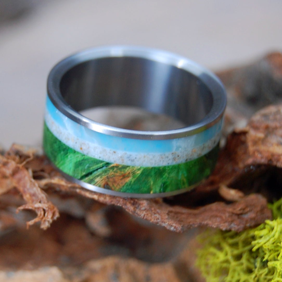 Grass Beach Ocean Sky | Men's Beach Sand, Larimar Stone, Green Box Elder Wood & Titanium Wedding Ring - Minter and Richter Designs