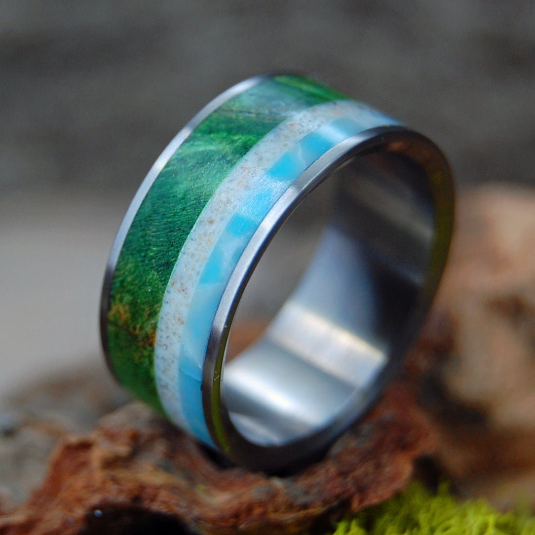 Grass Beach Ocean Sky | Men's Beach Sand, Larimar Stone, Green Box Elder Wood & Titanium Wedding Ring - Minter and Richter Designs