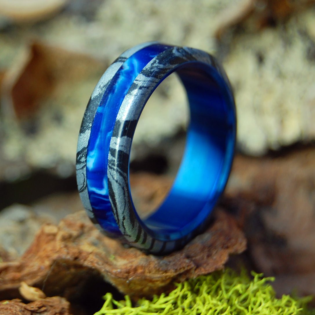 Greek God Vintage Blue Ii | Men's Vintage Blue Marbled Resin, Black M3 Titanium & Titanium Wedding Ring - Minter and Richter Designs