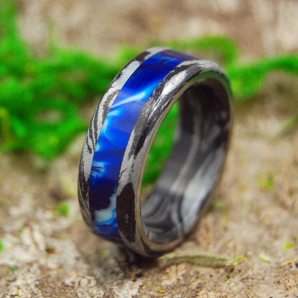 Greek God Vintage | Men's Vintage Blue Marbled Resin, Black M3 Titanium & Titanium Wedding Ring - Minter and Richter Designs