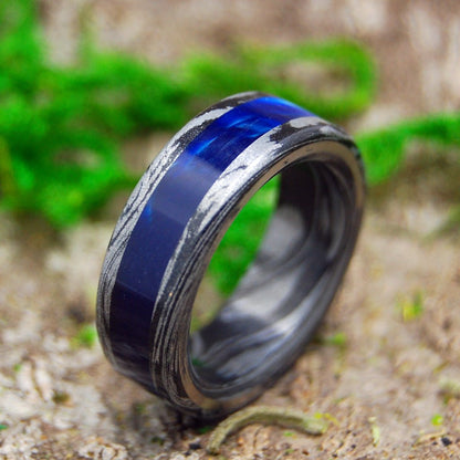 Greek God Vintage | Men's Vintage Blue Marbled Resin, Black M3 Titanium & Titanium Wedding Ring - Minter and Richter Designs