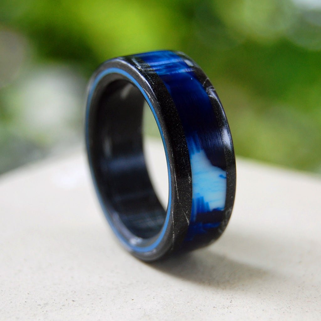 Greek God Vintage | Men's Vintage Blue Marbled Resin, Black M3 Titanium & Titanium Wedding Ring - Minter and Richter Designs