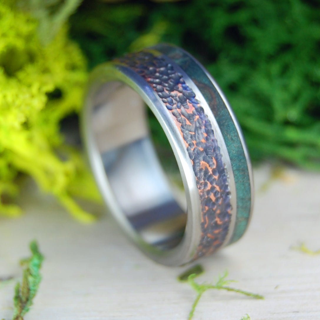 Green Maple Replenish | Men's Beaten Copper, Green Maple Wood & Titanium Wedding Ring - Minter and Richter Designs