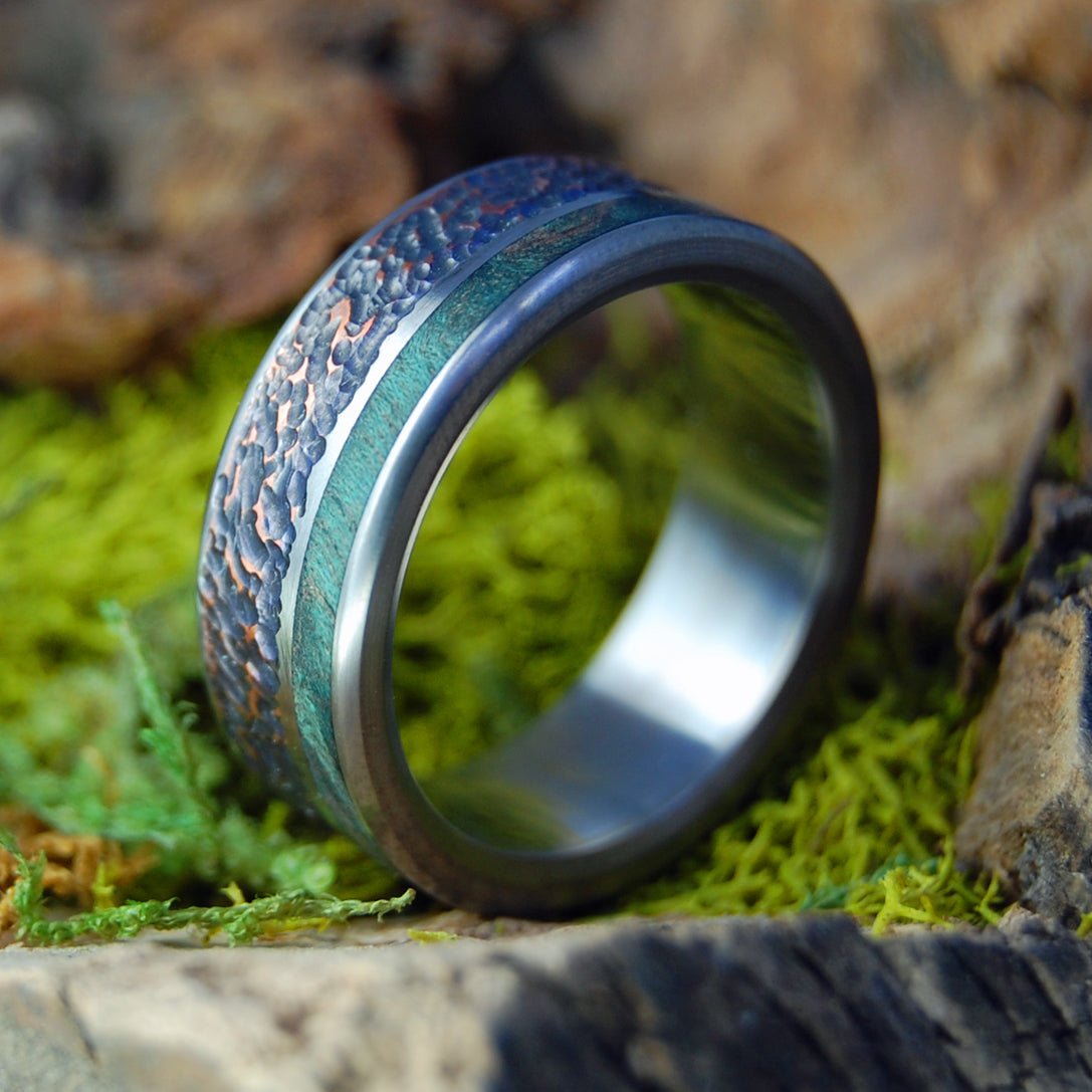 Green Maple Replenish | Men's Beaten Copper, Green Maple Wood & Titanium Wedding Ring - Minter and Richter Designs