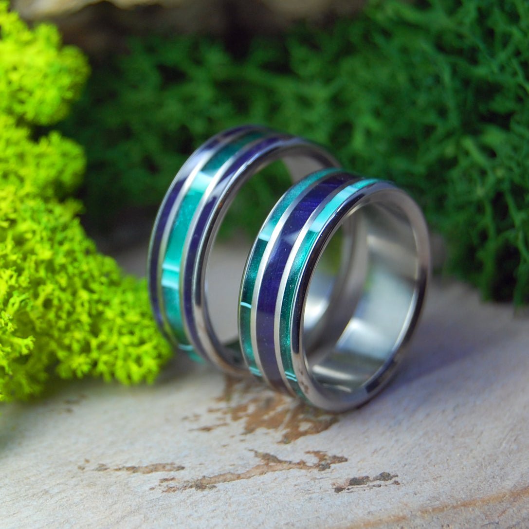 Green Shadows And Purple Pleasures | Aquatic Green And Purple Marbled Opalescent - Titanium Wedding Ring Set - Minter and Richter Designs