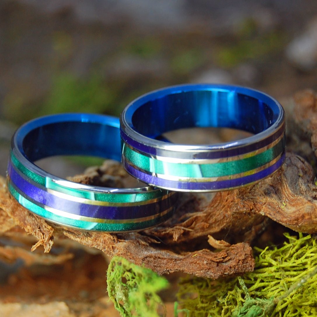 Green Shadows And Purple Pleasures With Blue | Aquatic Green And Purple Marbled Opalescent - Titanium Wedding Ring Set - Minter and Richter Designs