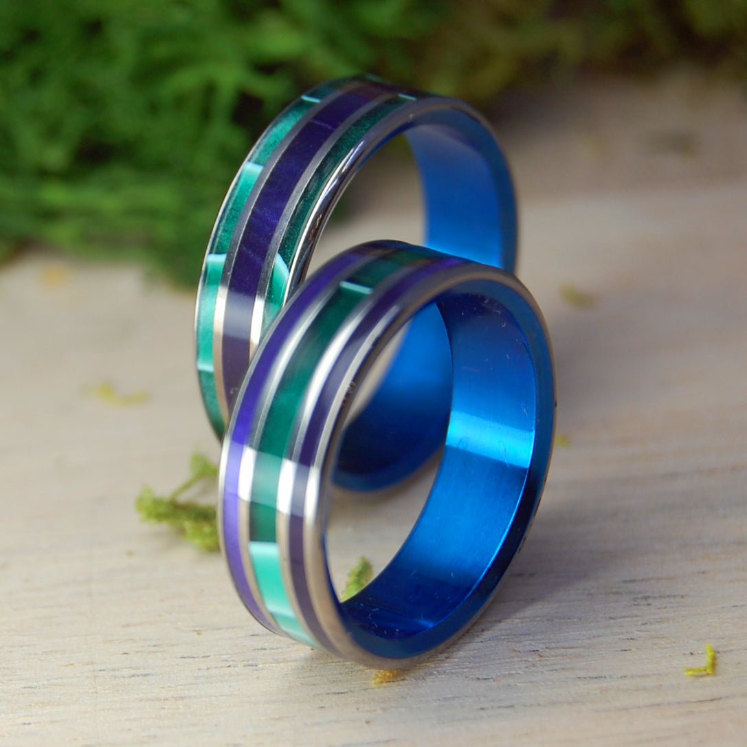 Green Shadows And Purple Pleasures With Blue | Aquatic Green And Purple Marbled Opalescent - Titanium Wedding Ring Set - Minter and Richter Designs