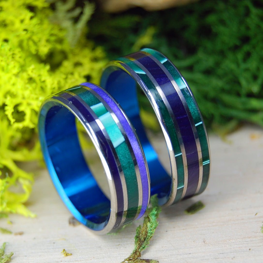 Green Shadows And Purple Pleasures With Blue | Aquatic Green And Purple Marbled Opalescent - Titanium Wedding Ring Set - Minter and Richter Designs