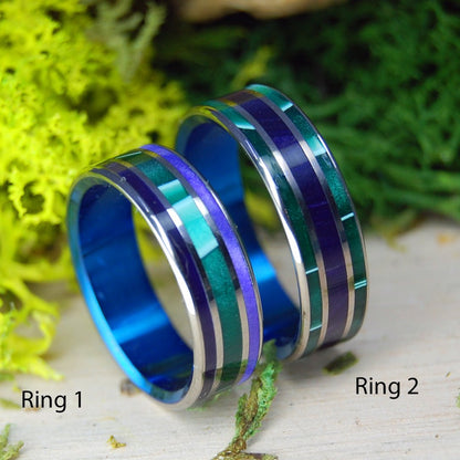 Green Shadows And Purple Pleasures With Blue | Aquatic Green And Purple Marbled Opalescent - Titanium Wedding Ring Set - Minter and Richter Designs