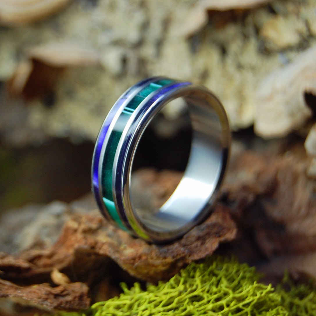 Green Shadows | Men's Aquatic Green Resin, Purple Marbled Opalescent & Titanium Wedding Ring - Minter and Richter Designs