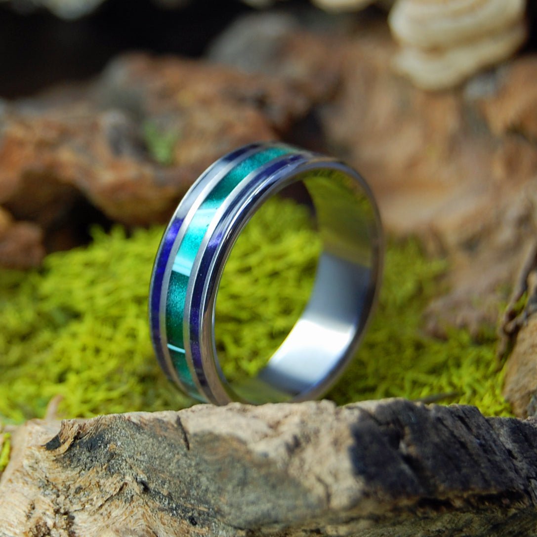 Green Shadows | Men's Aquatic Green Resin, Purple Marbled Opalescent & Titanium Wedding Ring - Minter and Richter Designs