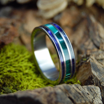 Green Shadows | Men's Aquatic Green Resin, Purple Marbled Opalescent & Titanium Wedding Ring - Minter and Richter Designs