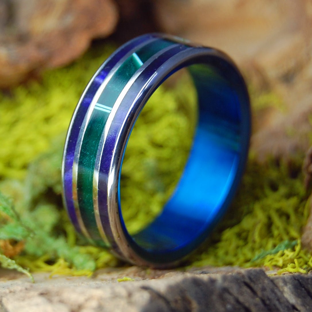 Green Shadows With Blue | Men's Aquatic Green Resin, Purple Marbled Opalescent & Titanium Wedding Ring - Minter and Richter Designs