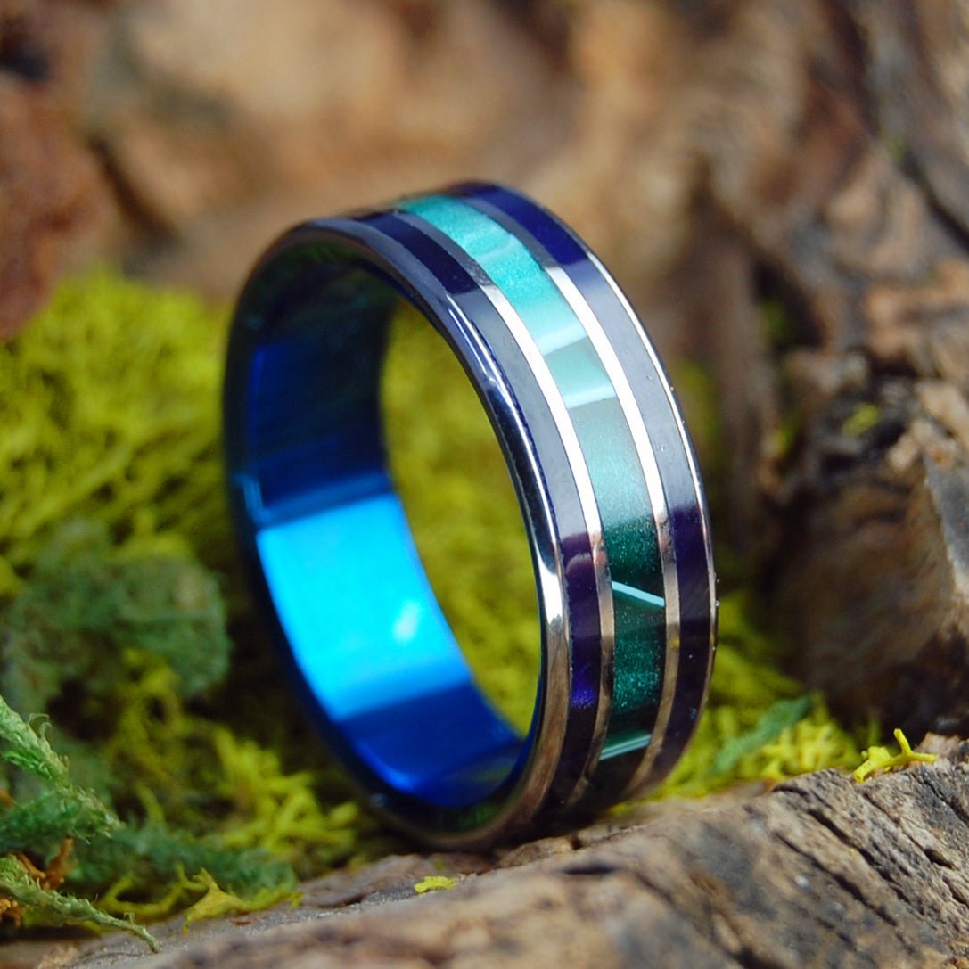 Green Shadows With Blue | Men's Aquatic Green Resin, Purple Marbled Opalescent & Titanium Wedding Ring - Minter and Richter Designs