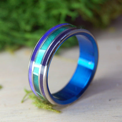 Green Shadows With Blue | Men's Aquatic Green Resin, Purple Marbled Opalescent & Titanium Wedding Ring - Minter and Richter Designs