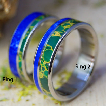 Green Valley Blue Sea | Sodalite Stone & Egyptian Jade - His & Hers Wedding Band Set - Stone Wedding Rings - Minter and Richter Designs