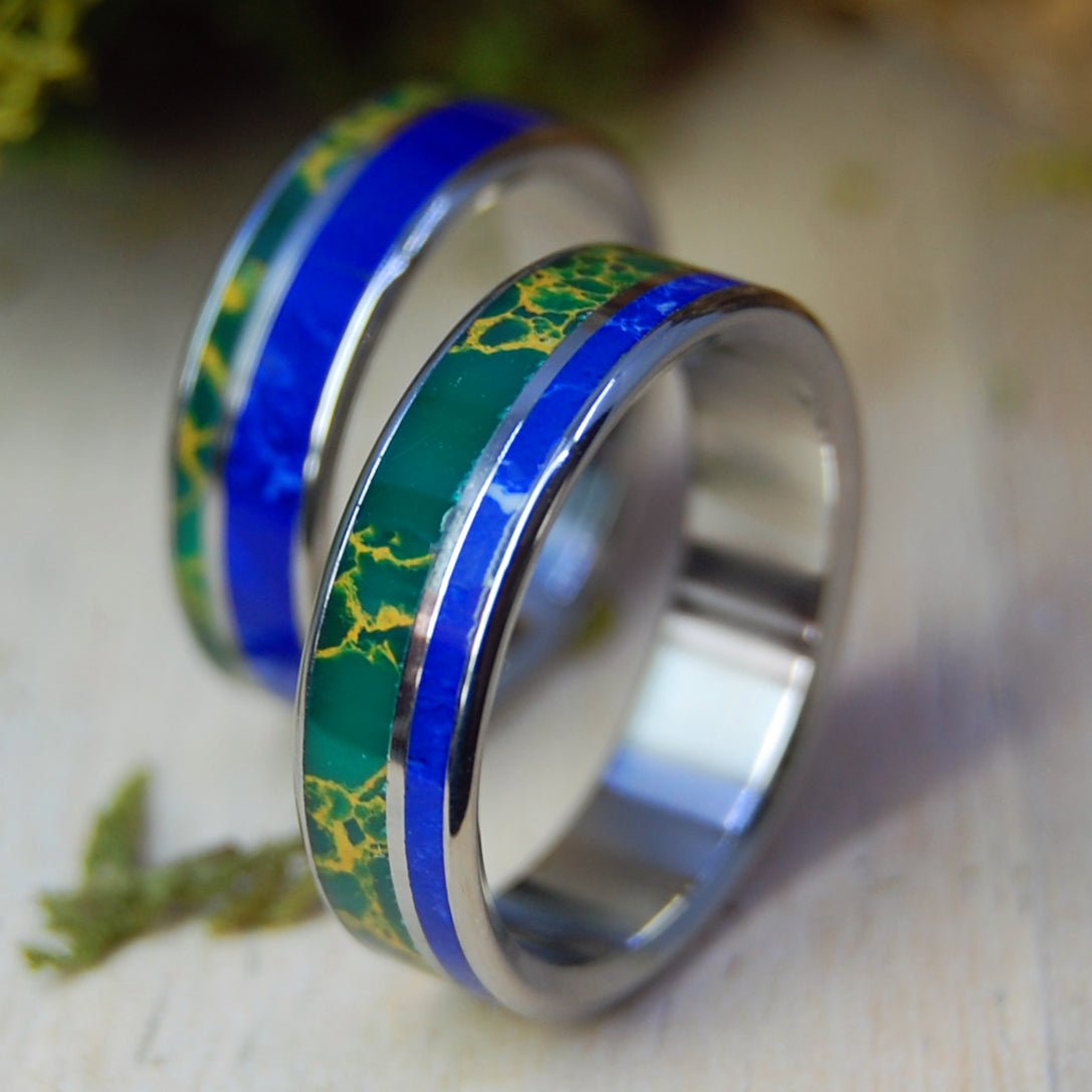 Green Valley Blue Sea | Sodalite Stone & Egyptian Jade - His & Hers Wedding Band Set - Stone Wedding Rings - Minter and Richter Designs