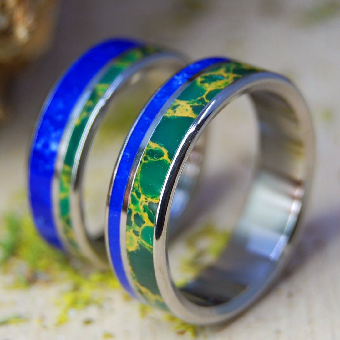 Green Valley Blue Sea | Sodalite Stone & Egyptian Jade - His & Hers Wedding Band Set - Stone Wedding Rings - Minter and Richter Designs