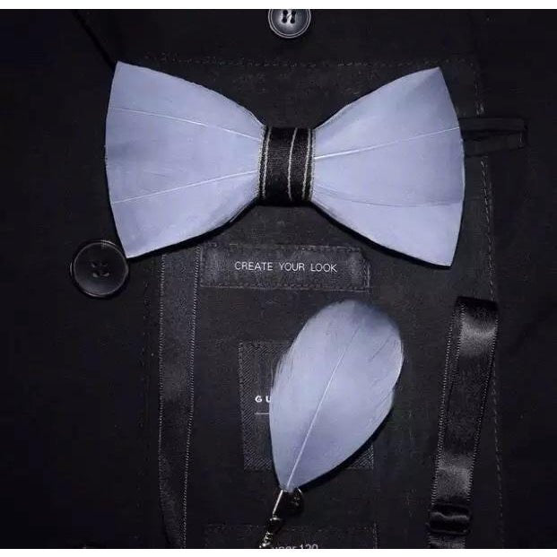 Grey Feather Bow Tie With Lapel Pin Set - Handmade Bow Tie - Groomsmen Gift - Minter and Richter Designs