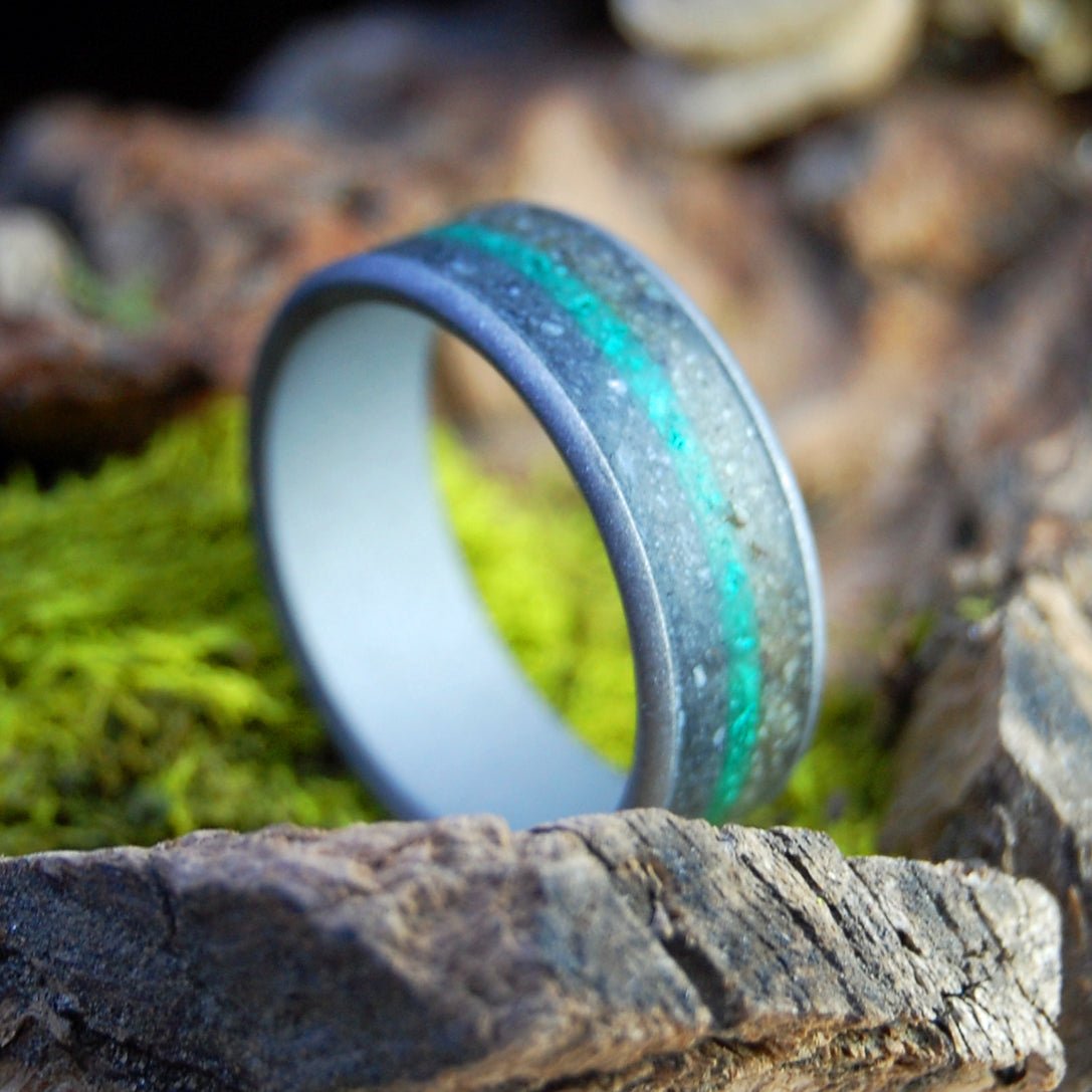 Ground Earth | Men's Titanium, Beach Sand & Ground Malachite Wedding Ring - Minter and Richter Designs