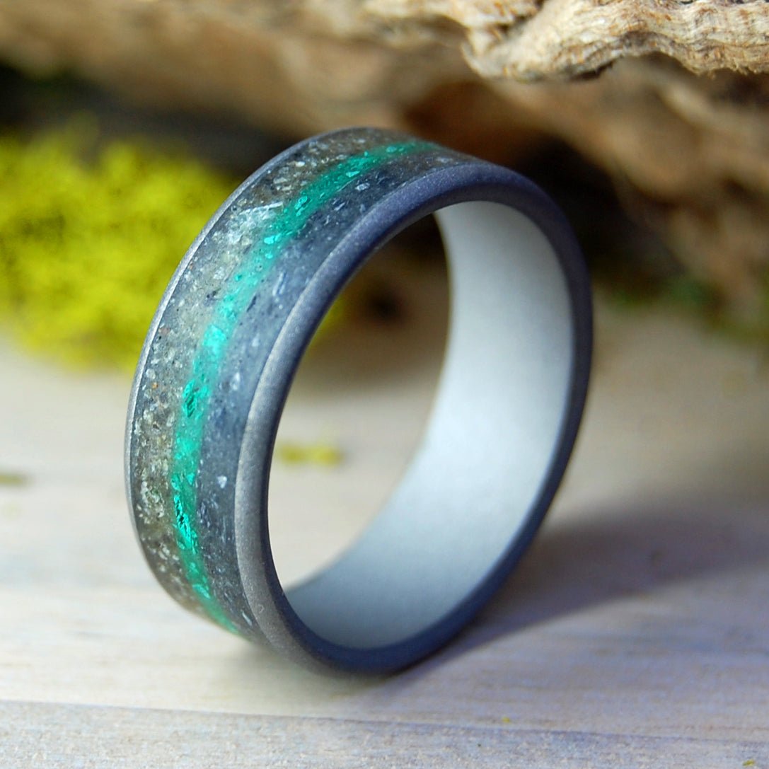 Ground Earth | Men's Titanium, Beach Sand & Ground Malachite Wedding Ring - Minter and Richter Designs