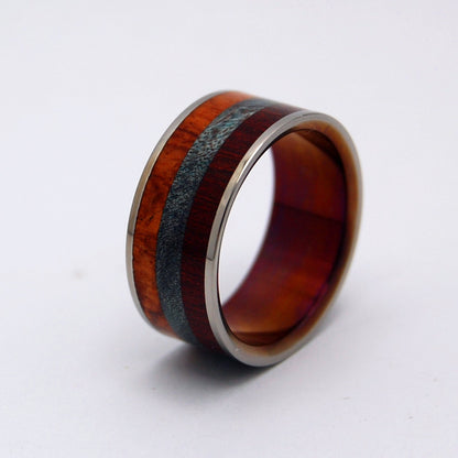 Hayastan Motherland Armenia | Men's Bloodwood, Blue Maple Burl, Amboyna & Titanium Wedding Ring - Minter and Richter Designs