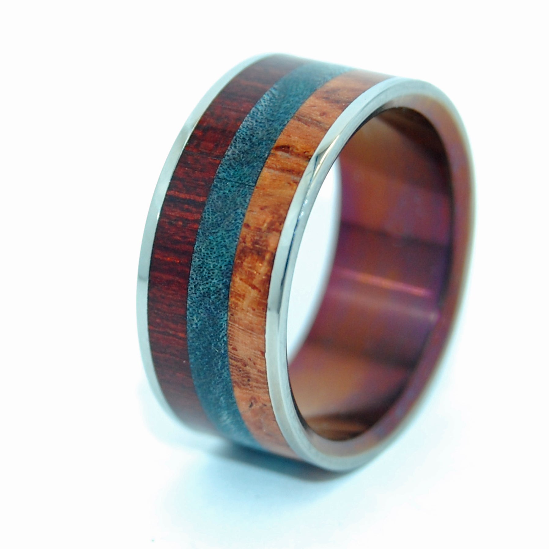 Hayastan Motherland Armenia | Men's Bloodwood, Blue Maple Burl, Amboyna & Titanium Wedding Ring - Minter and Richter Designs