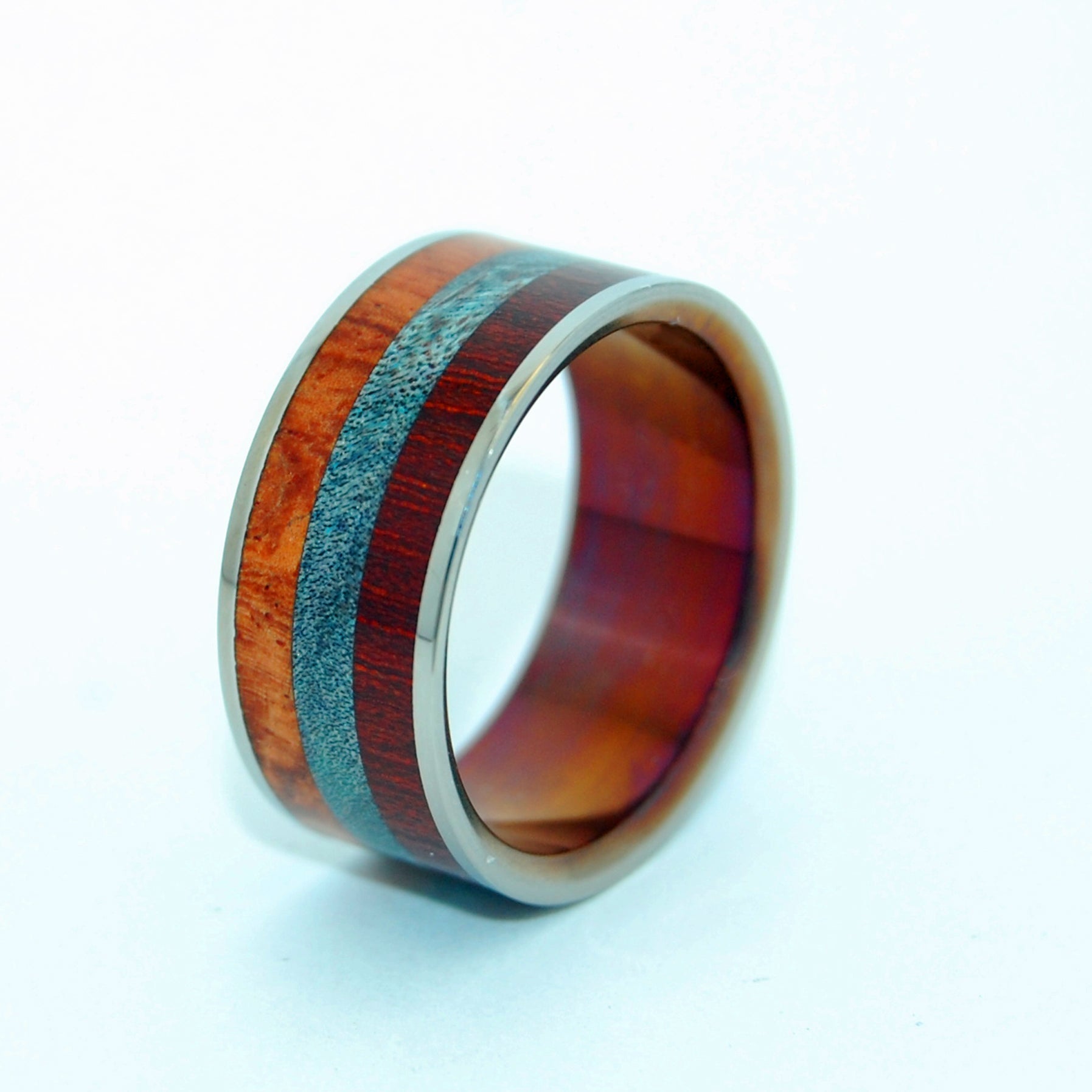 Hayastan Motherland Armenia | Men's Bloodwood, Blue Maple Burl, Amboyna & Titanium Wedding Ring - Minter and Richter Designs