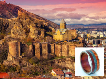 Hayastan Motherland Armenia | Men's Bloodwood, Blue Maple Burl, Amboyna & Titanium Wedding Ring - Minter and Richter Designs