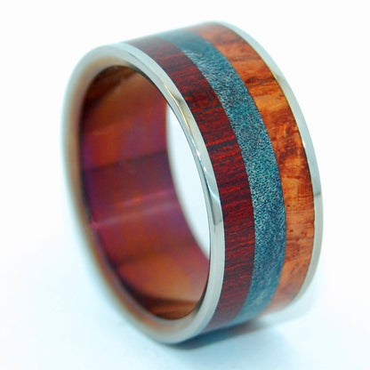 Hayastan Motherland Armenia | Men's Bloodwood, Blue Maple Burl, Amboyna & Titanium Wedding Ring - Minter and Richter Designs