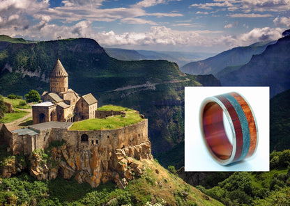 Hayastan Motherland Armenia | Men's Bloodwood, Blue Maple Burl, Amboyna & Titanium Wedding Ring - Minter and Richter Designs