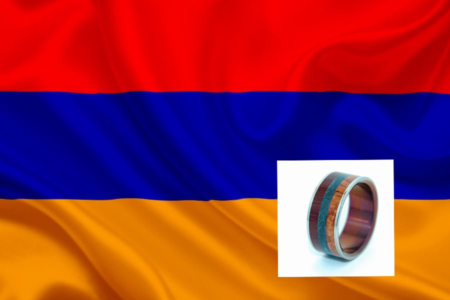 Hayastan Motherland Armenia | Men's Bloodwood, Blue Maple Burl, Amboyna & Titanium Wedding Ring - Minter and Richter Designs