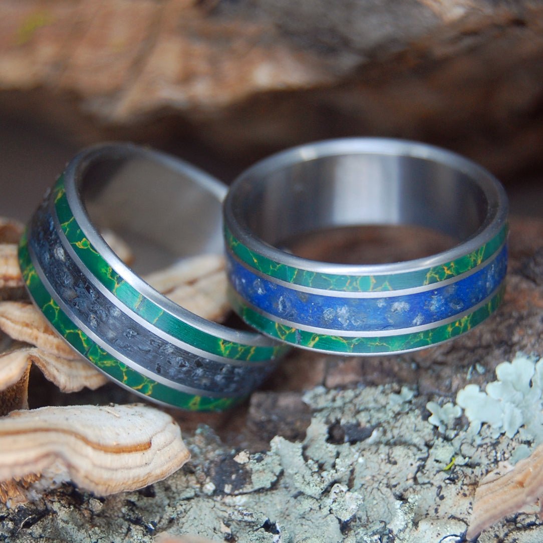 Herring Cove Black And Blue | Beach Sand Titanium Wedding Ring Set - Minter and Richter Designs