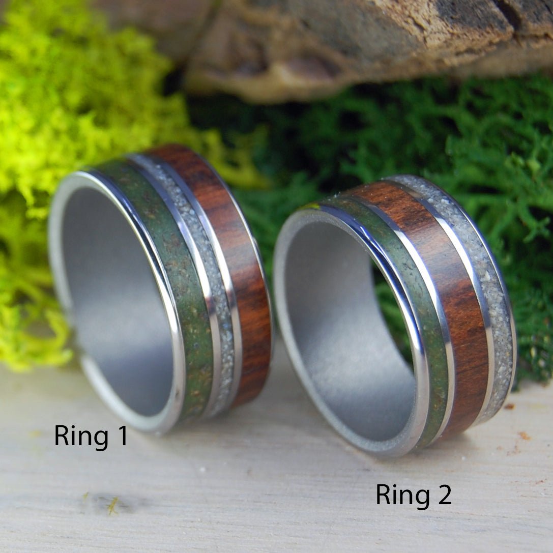 High In Aruba | Marijuana, Beach Sand, Snakewood - His & Hers Wedding Band Set - Wooden Wedding Ring - Minter and Richter Designs