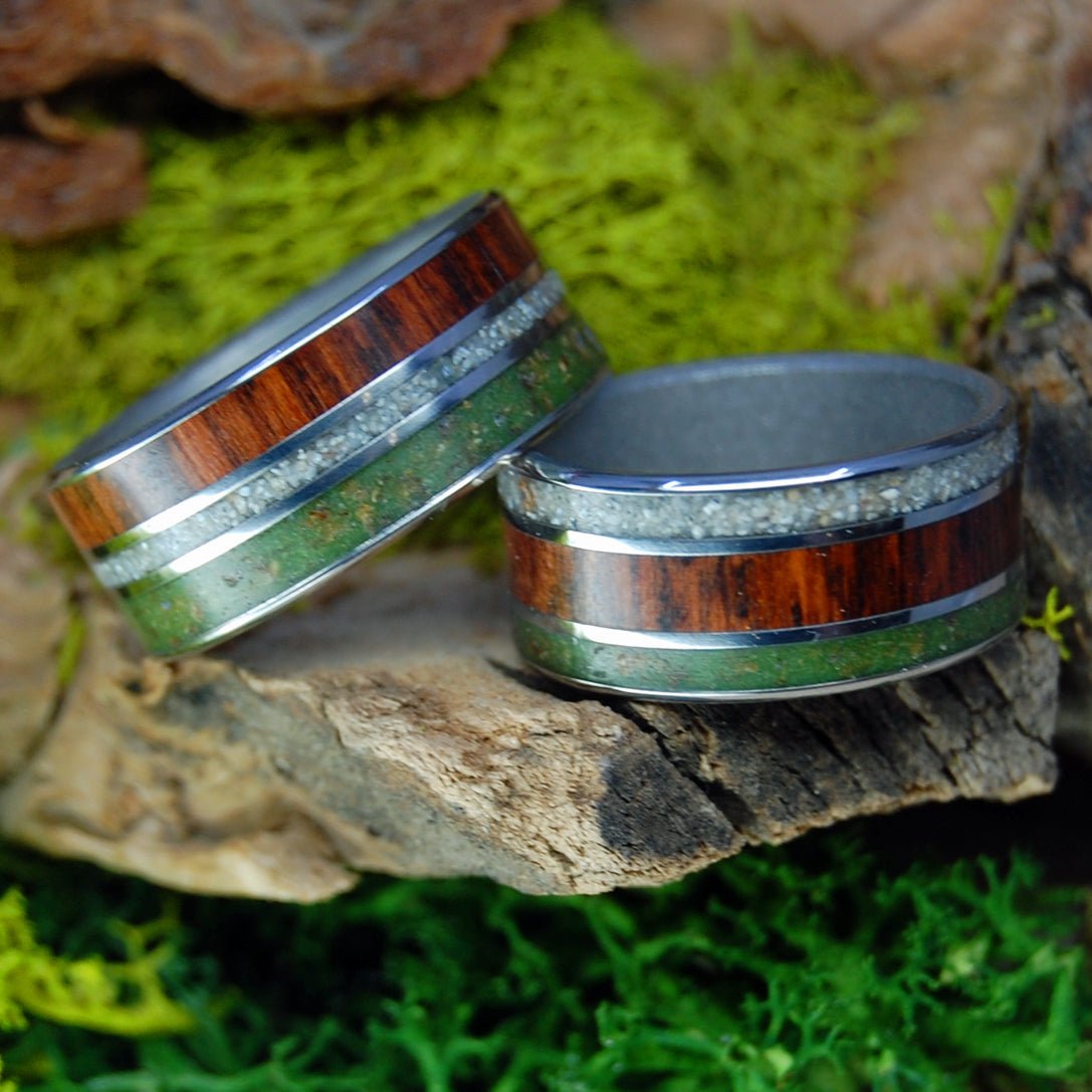 High In Aruba | Marijuana, Beach Sand, Snakewood - His & Hers Wedding Band Set - Wooden Wedding Ring - Minter and Richter Designs