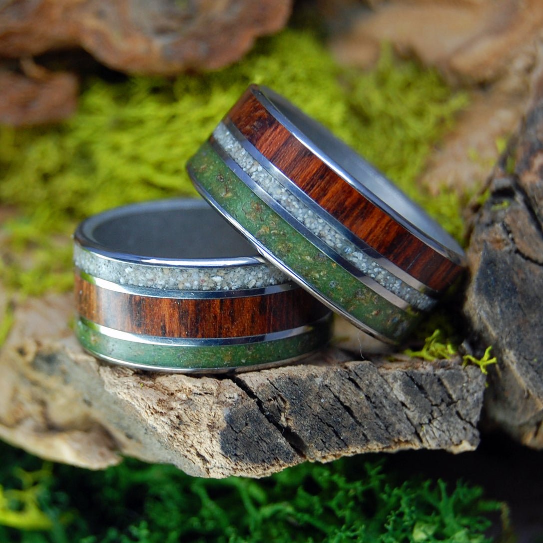 High In Aruba | Marijuana, Beach Sand, Snakewood - His & Hers Wedding Band Set - Wooden Wedding Ring - Minter and Richter Designs