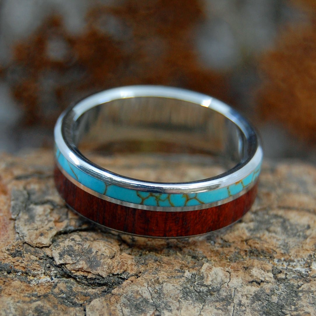 Himalayan Kings | Men's Tibetan Turquoise, Bloodwood & Titanium Wedding Ring - Minter and Richter Designs