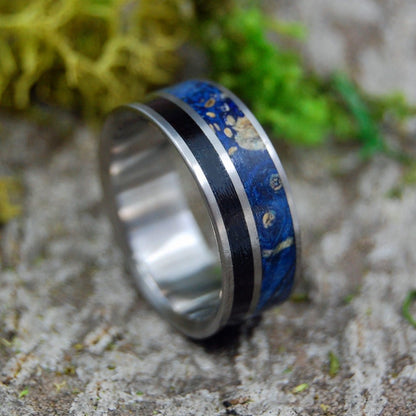 His Heart Listens | Men's Ebony, Blue Box Elder Wood & Titanium Wedding Ring - Minter and Richter Designs