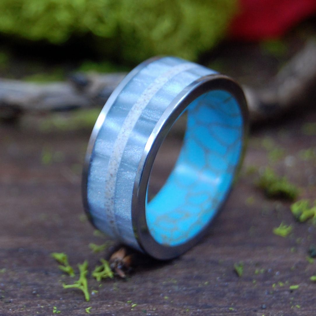 Hold Me Closer | Men's Gray Marbled Resin, Beach Sand, & Tibetan Turquoise Wedding Ring - Minter and Richter Designs