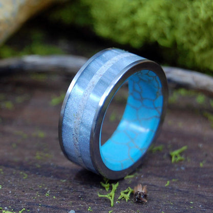 Hold Me Closer | Men's Gray Marbled Resin, Beach Sand, & Tibetan Turquoise Wedding Ring - Minter and Richter Designs